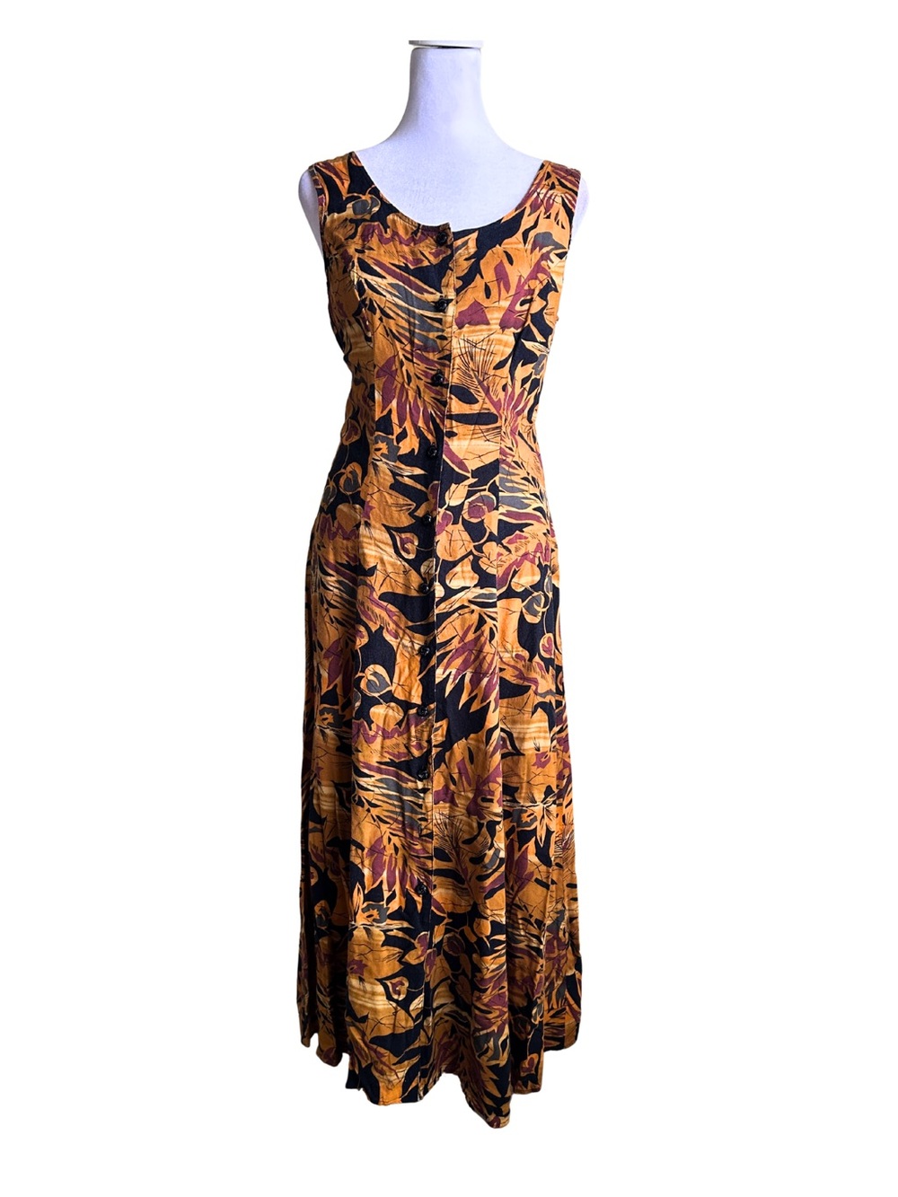 Sleeveless Botanical Print Maxi Dress in Mustard and Black